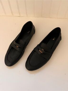 Zara Black Leather Women’s Penny Loafers with Gold Accent